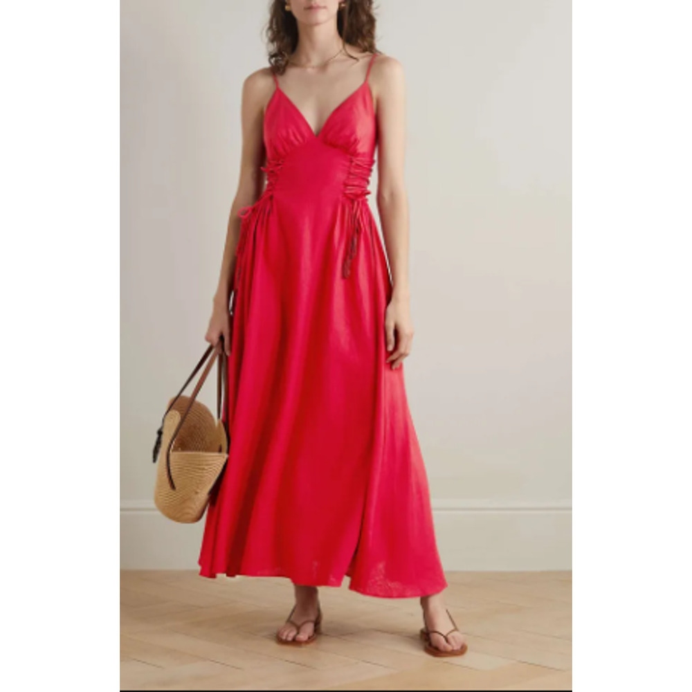 Farm Rio Linen-Blend Lace Up Midi Dress Fit & Flare Corset Glam Red Size Small - Picture 2 of 12